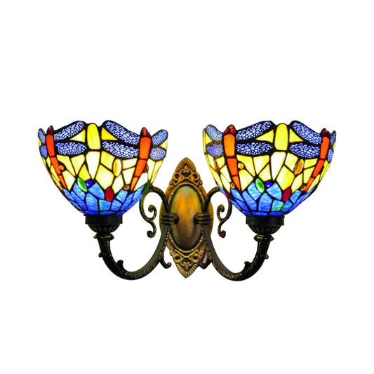 Vintage Rustic Dragonfly Wall Light Fixture 2 Lights Stained Glass Indoor Lighting Fixture in Brass Clearhalo 'Industrial' 'Middle century wall lights' 'Tiffany wall lights' 'Tiffany' 'Wall Lamps & Sconces' 'Wall Lights' Lighting' 173066