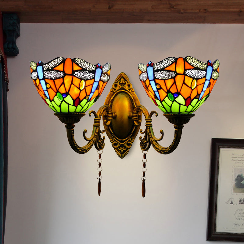 Bowl Wall Lighting with Dragonfly Loft Style 2 Heads Stained Glass Living Room Lighting Orange Clearhalo 'Industrial' 'Middle century wall lights' 'Tiffany wall lights' 'Tiffany' 'Wall Lamps & Sconces' 'Wall Lights' Lighting' 173075