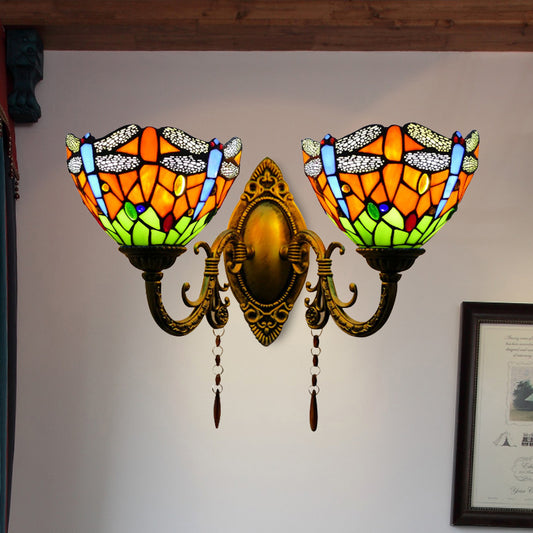 Bowl Wall Lighting with Dragonfly Loft Style 2 Heads Stained Glass Living Room Lighting Orange Clearhalo 'Industrial' 'Middle century wall lights' 'Tiffany wall lights' 'Tiffany' 'Wall Lamps & Sconces' 'Wall Lights' Lighting' 173075