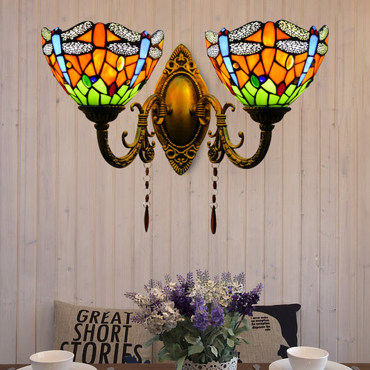 Bowl Wall Lighting with Dragonfly Loft Style 2 Heads Stained Glass Living Room Lighting Clearhalo 'Industrial' 'Middle century wall lights' 'Tiffany wall lights' 'Tiffany' 'Wall Lamps & Sconces' 'Wall Lights' Lighting' 173076