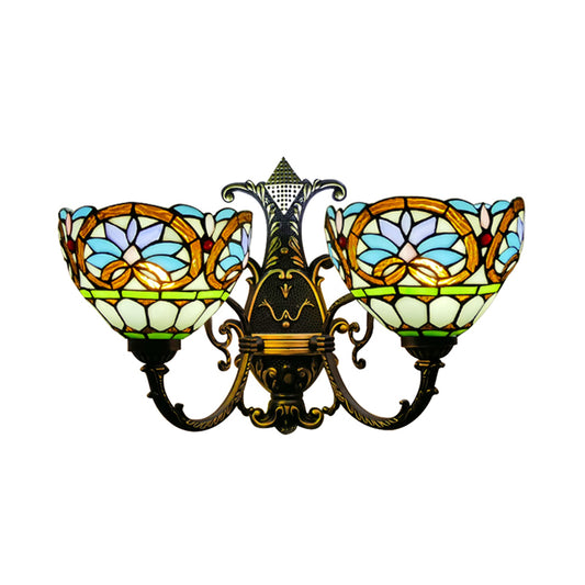 Stained Glass Bowl Sconce Lighting Victorian Style 2 Lights Wall Mount Light for Bedroom Clearhalo 'Industrial' 'Middle century wall lights' 'Tiffany wall lights' 'Tiffany' 'Wall Lamps & Sconces' 'Wall Lights' Lighting' 173081