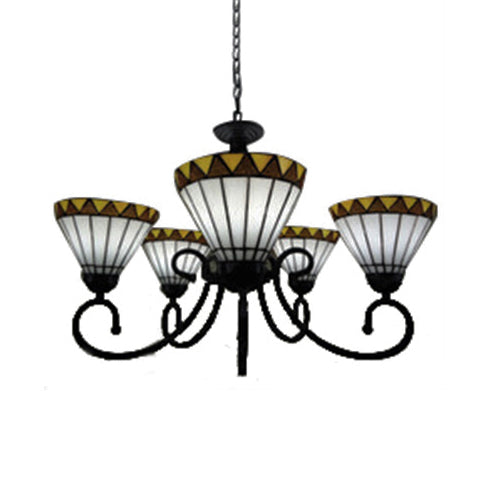 Stained Glass Chandelier Light with Curved Arm Tiffany Style 5 Lights Pendant Lamp in Yellow/Blue Clearhalo 'Ceiling Lights' 'Chandeliers' 'Close To Ceiling Lights' 'Industrial' 'Middle Century Chandeliers' 'Tiffany Chandeliers' 'Tiffany close to ceiling' 'Tiffany' Lighting' 17309