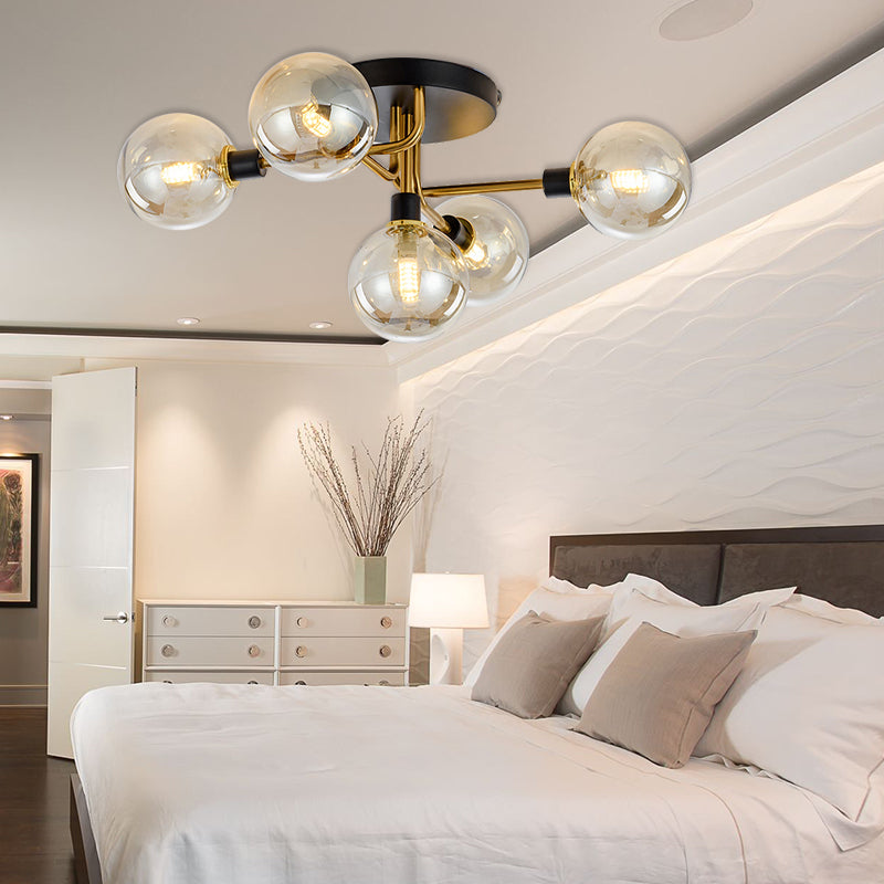Sphere Shade Semi Ceiling Mount Light Multi-Head Modern Glass Metal Ceiling Lamp for Hotel 5 Amber Clearhalo 'Ceiling Lights' 'Close To Ceiling Lights' 'Close to ceiling' 'Glass shade' 'Glass' 'Semi-flushmount' Lighting' 173099