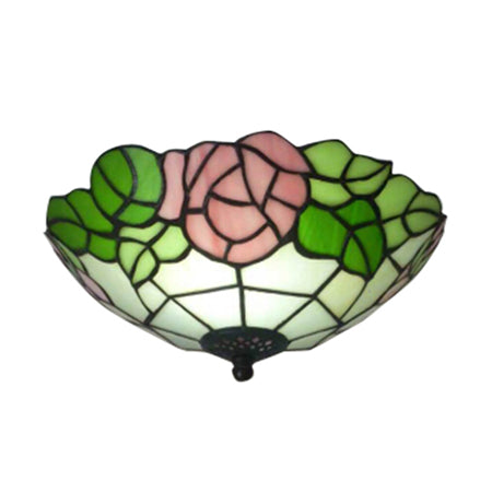 Bowl Flush Ceiling Light with Rose Pattern Rustic Loft Stained Glass Ceiling Light Fixture in Pink/White White Clearhalo 'Ceiling Lights' 'Close To Ceiling Lights' 'Close to ceiling' 'Flush mount' Lighting' 17310