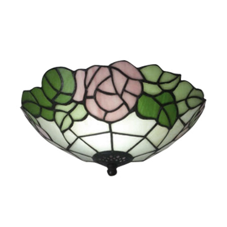 Bowl Flush Ceiling Light with Rose Pattern Rustic Loft Stained Glass Ceiling Light Fixture in Pink/White Clearhalo 'Ceiling Lights' 'Close To Ceiling Lights' 'Close to ceiling' 'Flush mount' Lighting' 17311