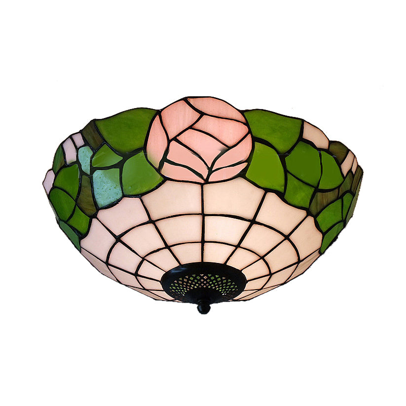 Bowl Flush Ceiling Light with Rose Pattern Rustic Loft Stained Glass Ceiling Light Fixture in Pink/White Pink Clearhalo 'Ceiling Lights' 'Close To Ceiling Lights' 'Close to ceiling' 'Flush mount' Lighting' 17312