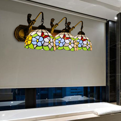 Peony Sconce Lighting Tiffany Blue/Pink Glass 3 Heads Antique Brass Wall Mounted Light Blue Clearhalo 'Industrial' 'Middle century wall lights' 'Tiffany wall lights' 'Tiffany' 'Wall Lamps & Sconces' 'Wall Lights' Lighting' 173120