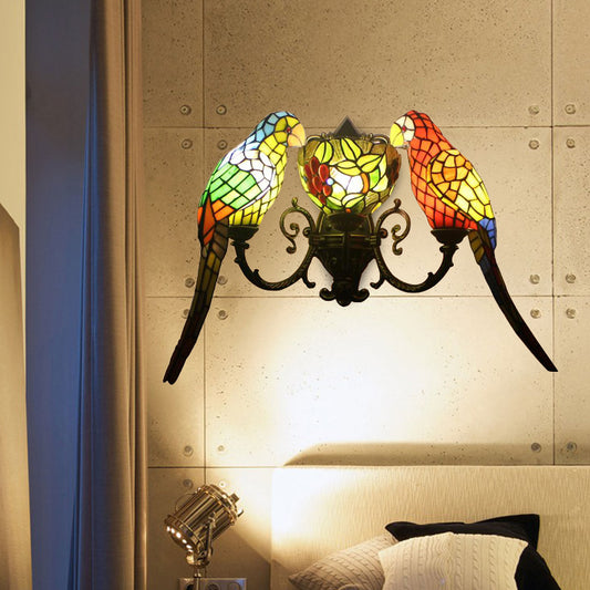 Stained Glass Parrots Wall Lighting 2 Lights Tiffany Rustic Wall Sconce Light with Bowl Shade in Antique Bronze Antique Bronze Clearhalo 'Industrial' 'Middle century wall lights' 'Tiffany wall lights' 'Tiffany' 'Wall Lamps & Sconces' 'Wall Lights' Lighting' 173132