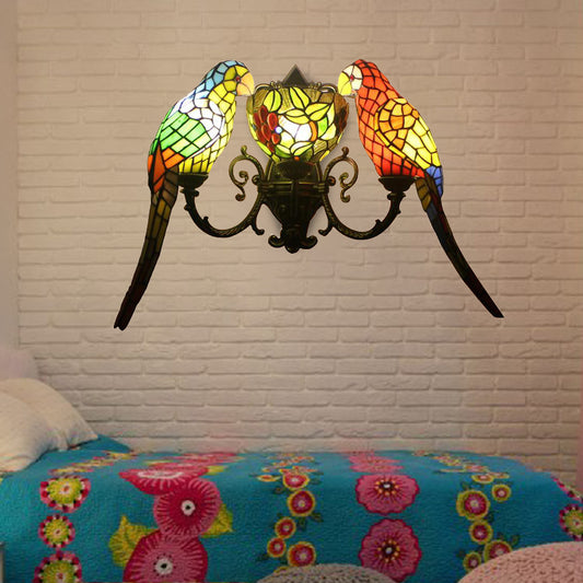 Stained Glass Parrots Wall Lighting 2 Lights Tiffany Rustic Wall Sconce Light with Bowl Shade in Antique Bronze Clearhalo 'Industrial' 'Middle century wall lights' 'Tiffany wall lights' 'Tiffany' 'Wall Lamps & Sconces' 'Wall Lights' Lighting' 173133