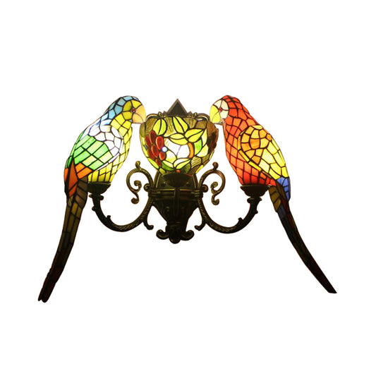 Stained Glass Parrots Wall Lighting 2 Lights Tiffany Rustic Wall Sconce Light with Bowl Shade in Antique Bronze Clearhalo 'Industrial' 'Middle century wall lights' 'Tiffany wall lights' 'Tiffany' 'Wall Lamps & Sconces' 'Wall Lights' Lighting' 173134