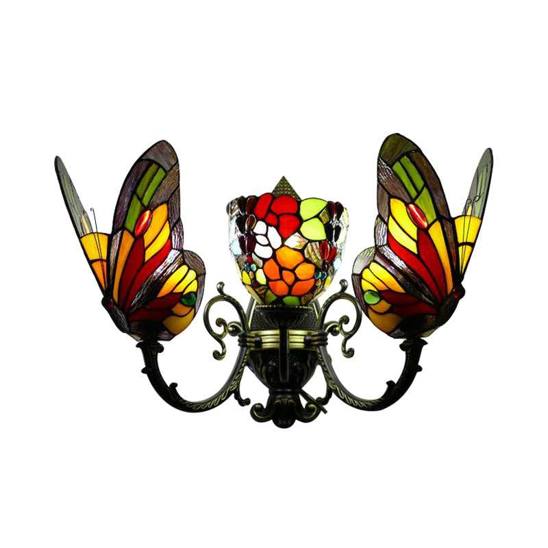 3-Light Butterfly Wall Light Tiffany Stained Glass Wall Sconce Lighting in Brass for Porch Clearhalo 'Industrial' 'Middle century wall lights' 'Tiffany wall lights' 'Tiffany' 'Wall Lamps & Sconces' 'Wall Lights' Lighting' 173138