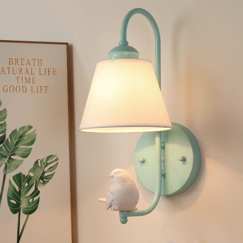 Tapered Shade Wall Light with Pigeon Deco 1 Head Metal Modern Style Sconce Light Green Fabric Clearhalo 'Wall Lamps & Sconces' 'Wall Lights' Lighting' 173140