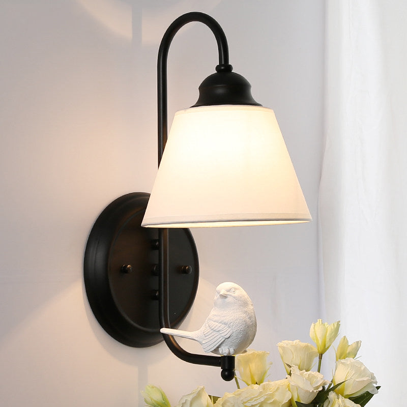 Tapered Shade Wall Light with Pigeon Deco 1 Head Metal Modern Style Sconce Light Black Fabric Clearhalo 'Wall Lamps & Sconces' 'Wall Lights' Lighting' 173151