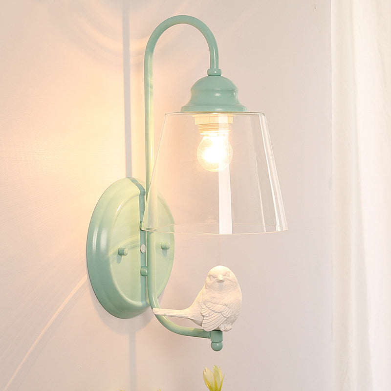 Tapered Shade Wall Light with Pigeon Deco 1 Head Metal Modern Style Sconce Light Green Glass Clearhalo 'Wall Lamps & Sconces' 'Wall Lights' Lighting' 173153