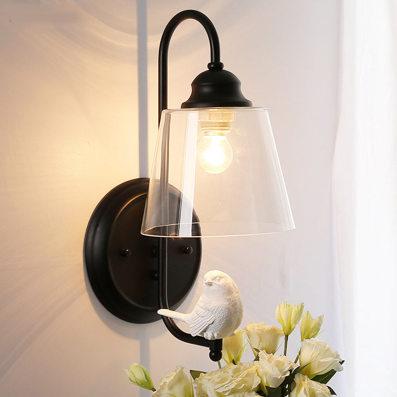 Tapered Shade Wall Light with Pigeon Deco 1 Head Metal Modern Style Sconce Light Black Glass Clearhalo 'Wall Lamps & Sconces' 'Wall Lights' Lighting' 173157