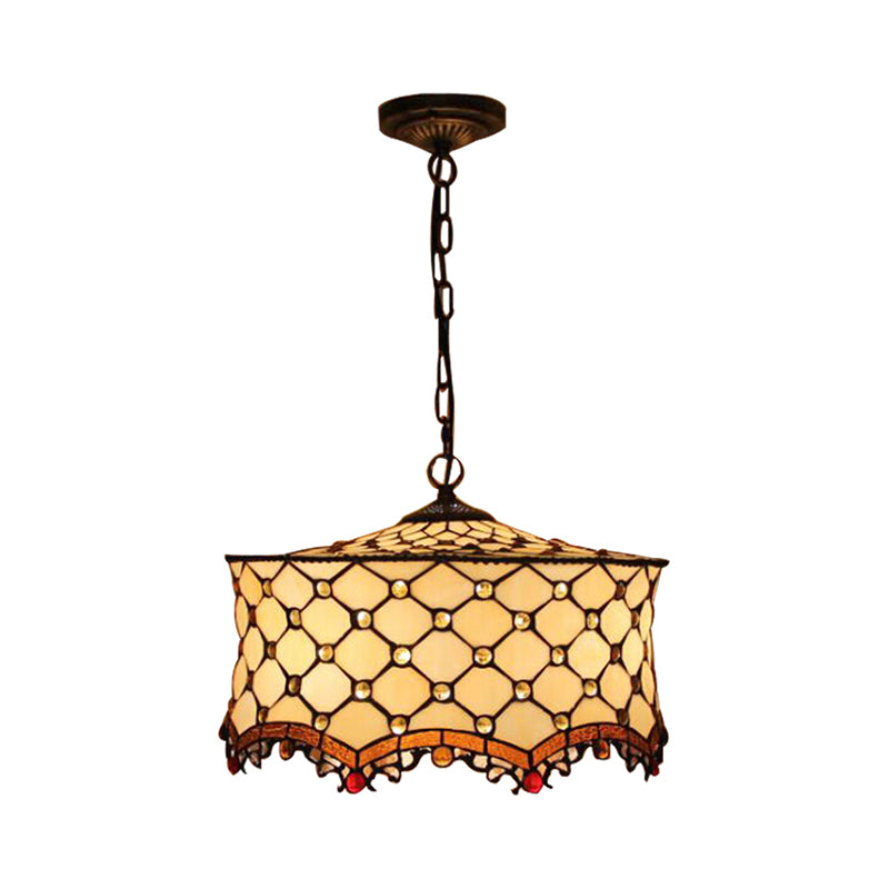 Beige Jeweled Ceiling Lamp Tiffany Stylish 3 Heads Stainless Glass Pendant Lighting with Drum Shade Clearhalo 'Ceiling Lights' 'Chandeliers' 'Industrial' 'Middle Century Chandeliers' 'Pendant Lights' 'Tiffany Chandeliers' 'Tiffany close to ceiling' 'Tiffany' Lighting' 173161
