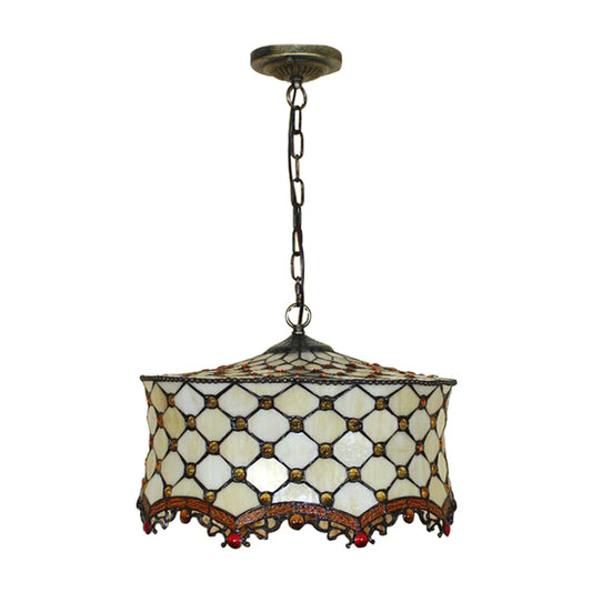 Beige Jeweled Ceiling Lamp Tiffany Stylish 3 Heads Stainless Glass Pendant Lighting with Drum Shade Clearhalo 'Ceiling Lights' 'Chandeliers' 'Industrial' 'Middle Century Chandeliers' 'Pendant Lights' 'Tiffany Chandeliers' 'Tiffany close to ceiling' 'Tiffany' Lighting' 173162