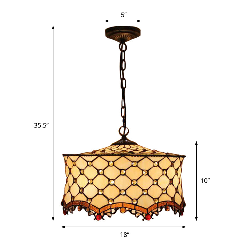 Beige Jeweled Ceiling Lamp Tiffany Stylish 3 Heads Stainless Glass Pendant Lighting with Drum Shade Clearhalo 'Ceiling Lights' 'Chandeliers' 'Industrial' 'Middle Century Chandeliers' 'Pendant Lights' 'Tiffany Chandeliers' 'Tiffany close to ceiling' 'Tiffany' Lighting' 173163