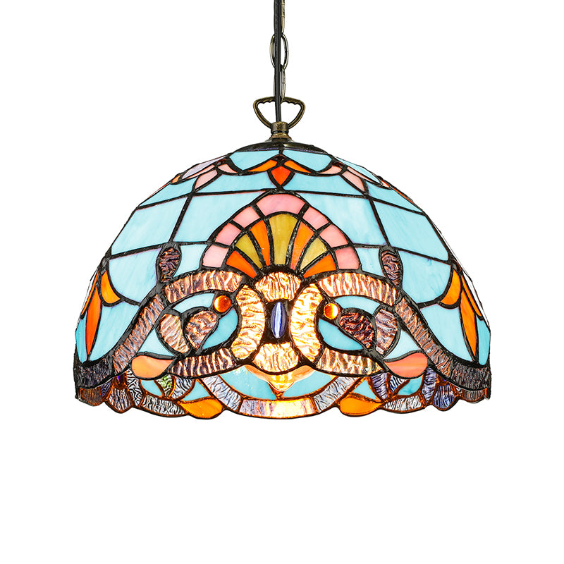 Tiffany Pendant Lighting for Kitchen Island with Metal Hanging Chain Stained Glass Floral Ceiling Fixture in Sky Blue/Dark Blue Clearhalo 'Ceiling Lights' 'Industrial' 'Middle Century Pendants' 'Pendant Lights' 'Pendants' 'Tiffany close to ceiling' 'Tiffany Pendants' 'Tiffany' Lighting' 173204