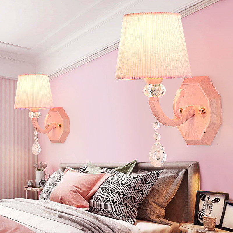 Fabric Fold Tapered Wall Lamp with Clear Crystal Girls Bedroom Kids Sconce Light in Pink Finish Clearhalo 'Wall Lamps & Sconces' 'Wall Lights' Lighting' 173206