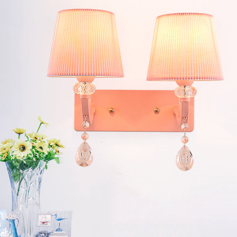 Fabric Fold Tapered Wall Lamp with Clear Crystal Girls Bedroom Kids Sconce Light in Pink Finish 2.0 Pink Clearhalo 'Wall Lamps & Sconces' 'Wall Lights' Lighting' 173213