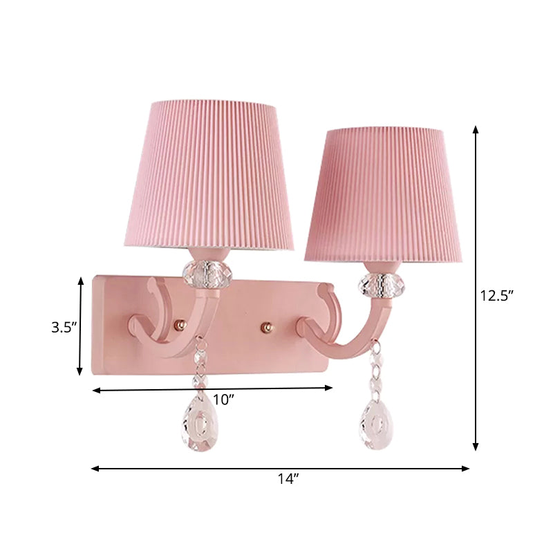 Fabric Fold Tapered Wall Lamp with Clear Crystal Girls Bedroom Kids Sconce Light in Pink Finish Clearhalo 'Wall Lamps & Sconces' 'Wall Lights' Lighting' 173216