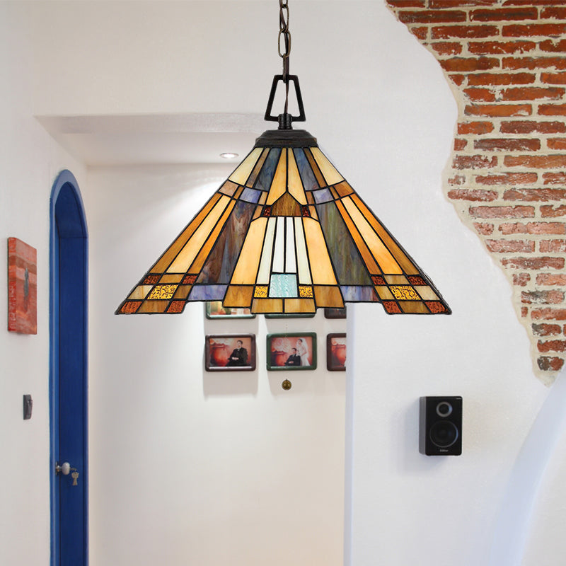 8"/12"/16" Wide Tapered Pendant Lighting Tiffany 1 Bulb Amber Stained Glass Pendant Lamp for Bedroom Amber 16" Clearhalo 'Ceiling Lights' 'Industrial' 'Middle Century Pendants' 'Pendant Lights' 'Pendants' 'Tiffany close to ceiling' 'Tiffany Pendants' 'Tiffany' Lighting' 173245