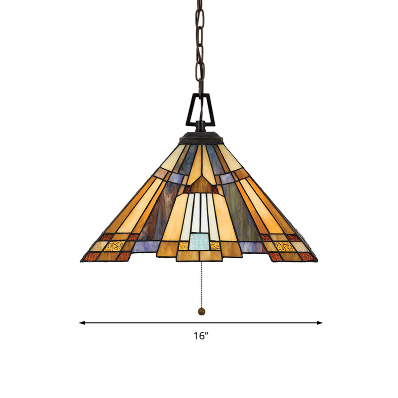 8"/12"/16" Wide Tapered Pendant Lighting Tiffany 1 Bulb Amber Stained Glass Pendant Lamp for Bedroom Clearhalo 'Ceiling Lights' 'Industrial' 'Middle Century Pendants' 'Pendant Lights' 'Pendants' 'Tiffany close to ceiling' 'Tiffany Pendants' 'Tiffany' Lighting' 173248