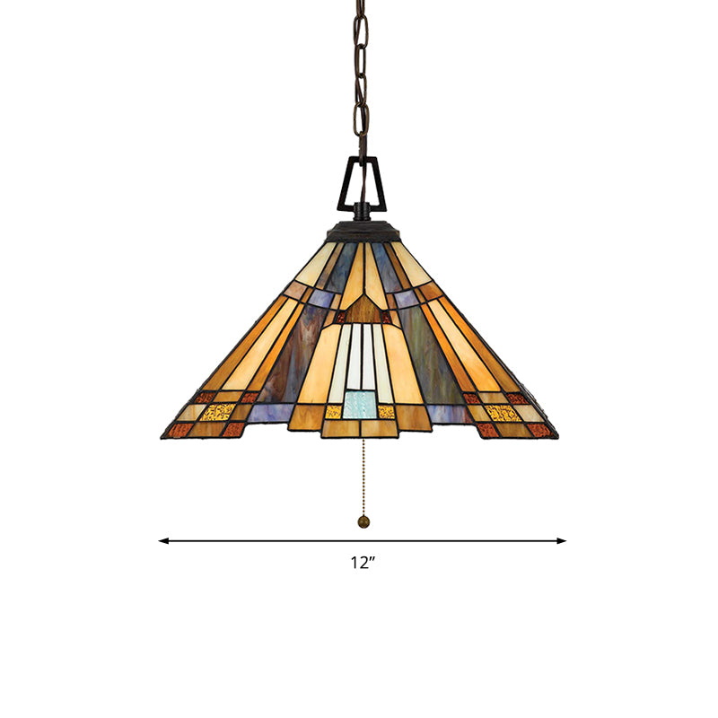 8"/12"/16" Wide Tapered Pendant Lighting Tiffany 1 Bulb Amber Stained Glass Pendant Lamp for Bedroom Clearhalo 'Ceiling Lights' 'Industrial' 'Middle Century Pendants' 'Pendant Lights' 'Pendants' 'Tiffany close to ceiling' 'Tiffany Pendants' 'Tiffany' Lighting' 173249