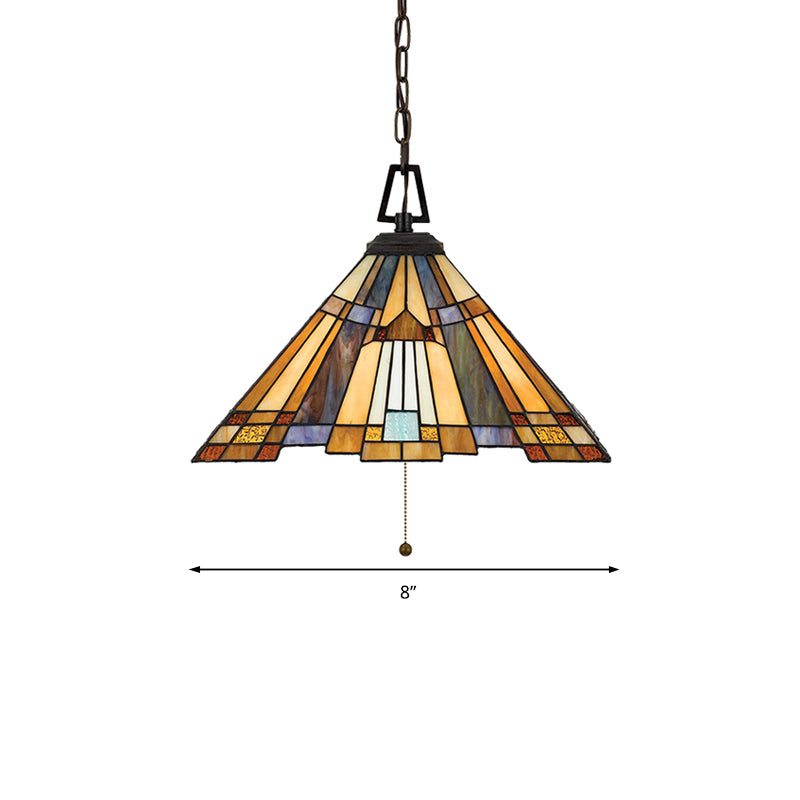8"/12"/16" Wide Tapered Pendant Lighting Tiffany 1 Bulb Amber Stained Glass Pendant Lamp for Bedroom Clearhalo 'Ceiling Lights' 'Industrial' 'Middle Century Pendants' 'Pendant Lights' 'Pendants' 'Tiffany close to ceiling' 'Tiffany Pendants' 'Tiffany' Lighting' 173250