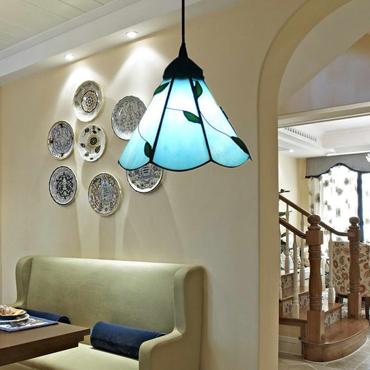 Stained Glass Blue/Beige Pendant Lamp Scalloped 3 Bulbs Tiffany Hanging Light Kit for Dining Room Blue Clearhalo 'Ceiling Lights' 'Industrial' 'Middle Century Pendants' 'Pendant Lights' 'Pendants' 'Tiffany close to ceiling' 'Tiffany Pendants' 'Tiffany' Lighting' 173257