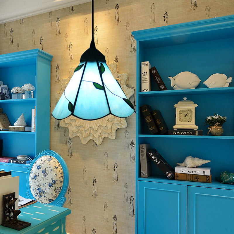 Stained Glass Blue/Beige Pendant Lamp Scalloped 3 Bulbs Tiffany Hanging Light Kit for Dining Room Clearhalo 'Ceiling Lights' 'Industrial' 'Middle Century Pendants' 'Pendant Lights' 'Pendants' 'Tiffany close to ceiling' 'Tiffany Pendants' 'Tiffany' Lighting' 173258