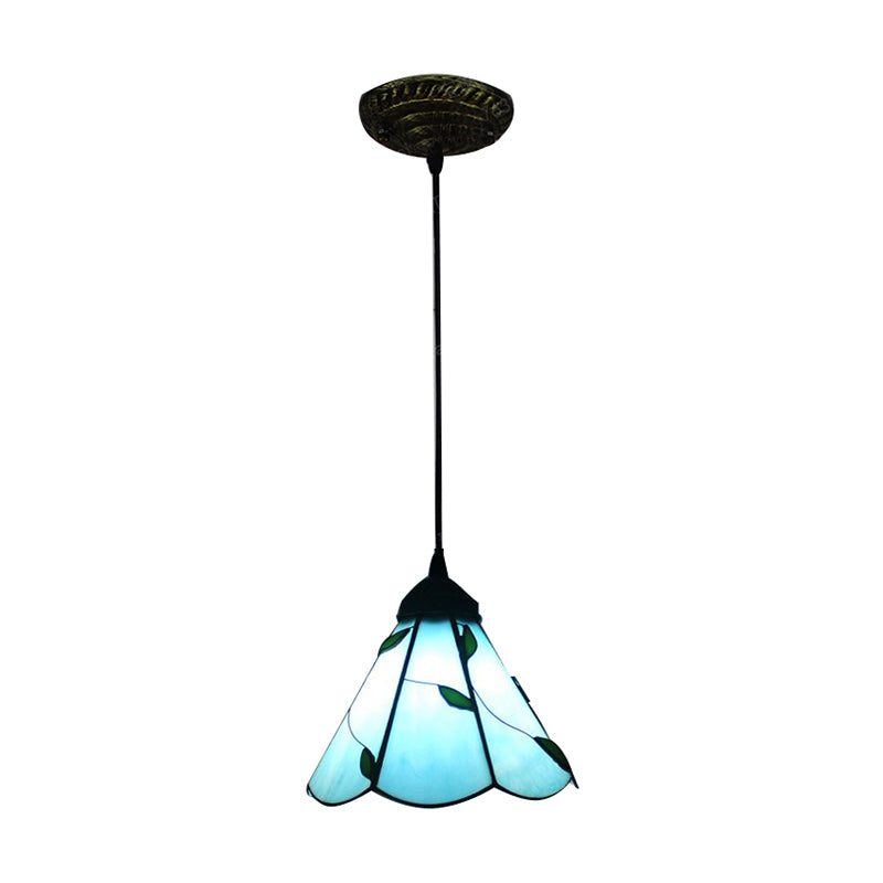 Stained Glass Blue/Beige Pendant Lamp Scalloped 3 Bulbs Tiffany Hanging Light Kit for Dining Room Clearhalo 'Ceiling Lights' 'Industrial' 'Middle Century Pendants' 'Pendant Lights' 'Pendants' 'Tiffany close to ceiling' 'Tiffany Pendants' 'Tiffany' Lighting' 173259