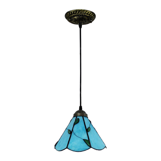 Stained Glass Blue/Beige Pendant Lamp Scalloped 3 Bulbs Tiffany Hanging Light Kit for Dining Room Clearhalo 'Ceiling Lights' 'Industrial' 'Middle Century Pendants' 'Pendant Lights' 'Pendants' 'Tiffany close to ceiling' 'Tiffany Pendants' 'Tiffany' Lighting' 173260