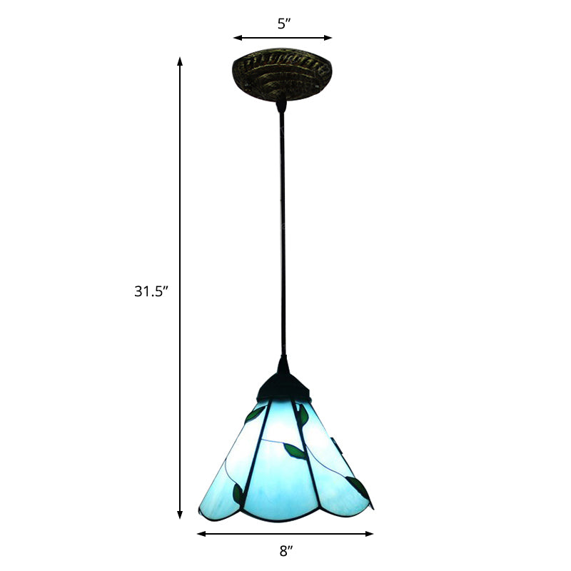 Stained Glass Blue/Beige Pendant Lamp Scalloped 3 Bulbs Tiffany Hanging Light Kit for Dining Room Clearhalo 'Ceiling Lights' 'Industrial' 'Middle Century Pendants' 'Pendant Lights' 'Pendants' 'Tiffany close to ceiling' 'Tiffany Pendants' 'Tiffany' Lighting' 173261