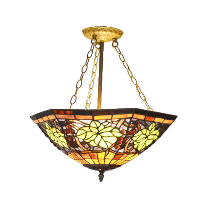 Leaf/Triangle/Rhombus/Grape/Peacock Tail/Gem/Yellow Square Pattern Semi Flush Mount Light Rustic Tiffany Stained Glass 3 Lights Semi Flush Mount in Brass Brass Grape Clearhalo 'Ceiling Lights' 'Close To Ceiling Lights' 'Close to ceiling' 'Glass shade' 'Glass' 'Pendant Lights' 'Semi-flushmount' 'Tiffany close to ceiling' 'Tiffany' Lighting' 17327