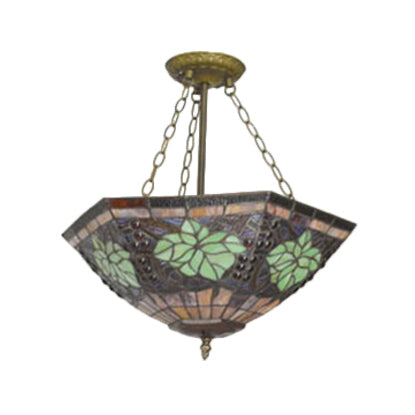 Leaf/Triangle/Rhombus/Grape/Peacock Tail/Gem/Yellow Square Pattern Semi Flush Mount Light Rustic Tiffany Stained Glass 3 Lights Semi Flush Mount in Brass Clearhalo 'Ceiling Lights' 'Close To Ceiling Lights' 'Close to ceiling' 'Glass shade' 'Glass' 'Pendant Lights' 'Semi-flushmount' 'Tiffany close to ceiling' 'Tiffany' Lighting' 17328