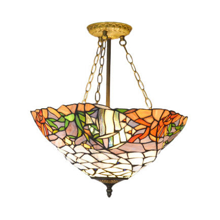 Leaf/Triangle/Rhombus/Grape/Peacock Tail/Gem/Yellow Square Pattern Semi Flush Mount Light Rustic Tiffany Stained Glass 3 Lights Semi Flush Mount in Brass Brass Leaf Clearhalo 'Ceiling Lights' 'Close To Ceiling Lights' 'Close to ceiling' 'Glass shade' 'Glass' 'Pendant Lights' 'Semi-flushmount' 'Tiffany close to ceiling' 'Tiffany' Lighting' 17329