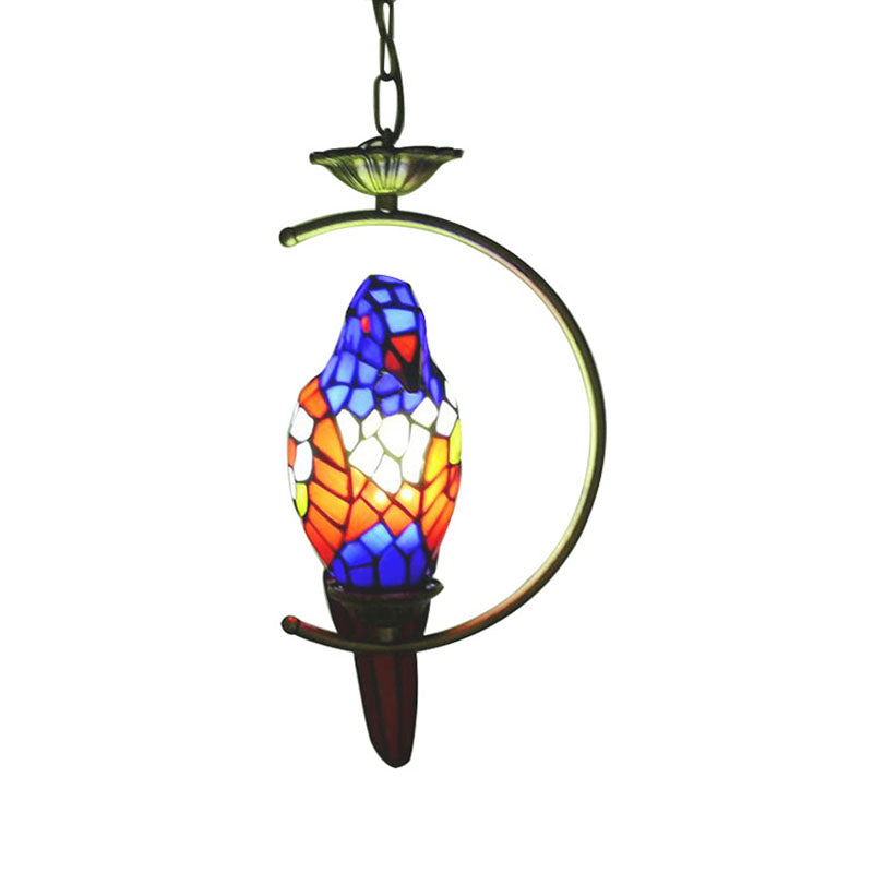 Blue/Green Parrot Suspension Pendant Light Tiffany Style 1 Light Stained Art Glass Ceiling Lamp for Bedroom Clearhalo 'Ceiling Lights' 'Industrial' 'Middle Century Pendants' 'Pendant Lights' 'Pendants' 'Tiffany close to ceiling' 'Tiffany Pendants' 'Tiffany' Lighting' 173291