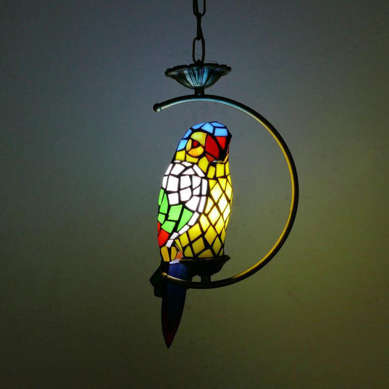Blue/Green Parrot Suspension Pendant Light Tiffany Style 1 Light Stained Art Glass Ceiling Lamp for Bedroom Green Clearhalo 'Ceiling Lights' 'Industrial' 'Middle Century Pendants' 'Pendant Lights' 'Pendants' 'Tiffany close to ceiling' 'Tiffany Pendants' 'Tiffany' Lighting' 173293