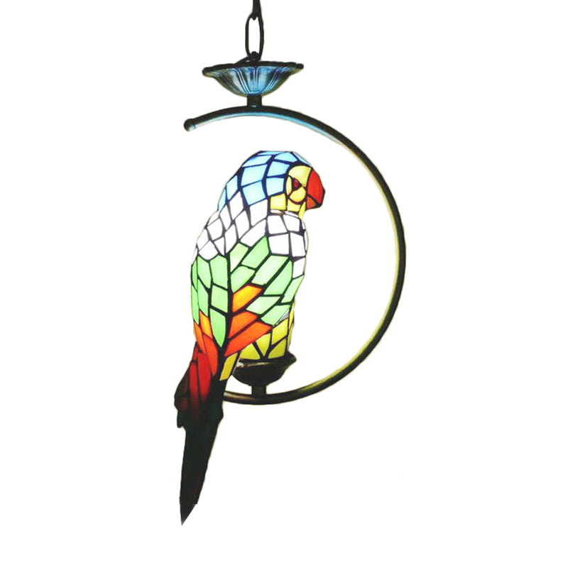 Blue/Green Parrot Suspension Pendant Light Tiffany Style 1 Light Stained Art Glass Ceiling Lamp for Bedroom Clearhalo 'Ceiling Lights' 'Industrial' 'Middle Century Pendants' 'Pendant Lights' 'Pendants' 'Tiffany close to ceiling' 'Tiffany Pendants' 'Tiffany' Lighting' 173294