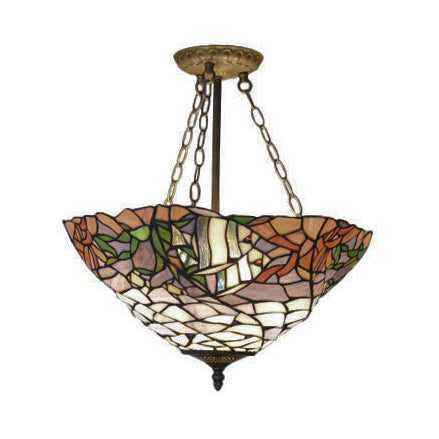 Leaf/Triangle/Rhombus/Grape/Peacock Tail/Gem/Yellow Square Pattern Semi Flush Mount Light Rustic Tiffany Stained Glass 3 Lights Semi Flush Mount in Brass Clearhalo 'Ceiling Lights' 'Close To Ceiling Lights' 'Close to ceiling' 'Glass shade' 'Glass' 'Pendant Lights' 'Semi-flushmount' 'Tiffany close to ceiling' 'Tiffany' Lighting' 17330