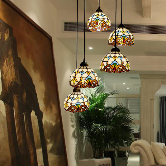 Dining Room Lighting Glass Bell Cascade Pendant Light with Blue/Beige Glass Shade Baroque Style Clearhalo 'Ceiling Lights' 'Industrial' 'Middle Century Pendants' 'Pendant Lights' 'Pendants' 'Tiffany close to ceiling' 'Tiffany Pendants' 'Tiffany' Lighting' 173302