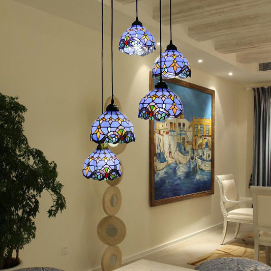 Dining Room Lighting Glass Bell Cascade Pendant Light with Blue/Beige Glass Shade Baroque Style Blue Clearhalo 'Ceiling Lights' 'Industrial' 'Middle Century Pendants' 'Pendant Lights' 'Pendants' 'Tiffany close to ceiling' 'Tiffany Pendants' 'Tiffany' Lighting' 173306