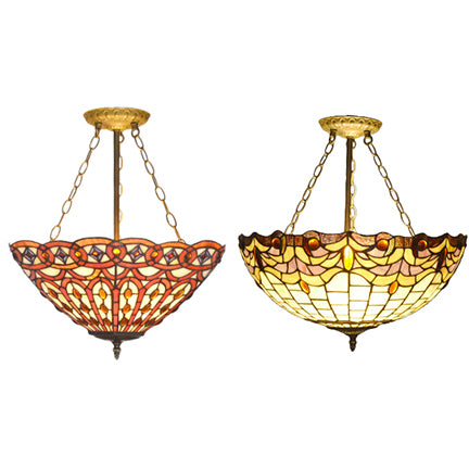 Leaf/Triangle/Rhombus/Grape/Peacock Tail/Gem/Yellow Square Pattern Semi Flush Mount Light Rustic Tiffany Stained Glass 3 Lights Semi Flush Mount in Brass Clearhalo 'Ceiling Lights' 'Close To Ceiling Lights' 'Close to ceiling' 'Glass shade' 'Glass' 'Pendant Lights' 'Semi-flushmount' 'Tiffany close to ceiling' 'Tiffany' Lighting' 17331