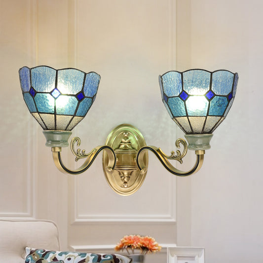 Mediterranean Bowl Wall Lamp 2 Lights Blue Glass Wall Mount Light for Dining Room Clearhalo 'Industrial' 'Middle century wall lights' 'Tiffany wall lights' 'Tiffany' 'Wall Lamps & Sconces' 'Wall Lights' Lighting' 173319