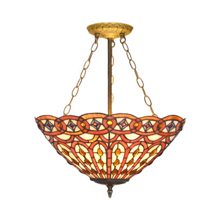 Leaf/Triangle/Rhombus/Grape/Peacock Tail/Gem/Yellow Square Pattern Semi Flush Mount Light Rustic Tiffany Stained Glass 3 Lights Semi Flush Mount in Brass Brass Gem Clearhalo 'Ceiling Lights' 'Close To Ceiling Lights' 'Close to ceiling' 'Glass shade' 'Glass' 'Pendant Lights' 'Semi-flushmount' 'Tiffany close to ceiling' 'Tiffany' Lighting' 17332