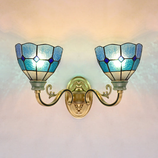 Mediterranean Bowl Wall Lamp 2 Lights Blue Glass Wall Mount Light for Dining Room Clearhalo 'Industrial' 'Middle century wall lights' 'Tiffany wall lights' 'Tiffany' 'Wall Lamps & Sconces' 'Wall Lights' Lighting' 173320