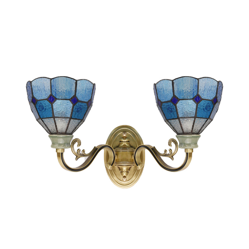 Mediterranean Bowl Wall Lamp 2 Lights Blue Glass Wall Mount Light for Dining Room Clearhalo 'Industrial' 'Middle century wall lights' 'Tiffany wall lights' 'Tiffany' 'Wall Lamps & Sconces' 'Wall Lights' Lighting' 173321