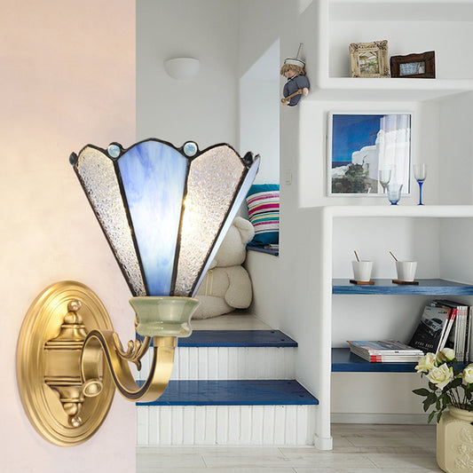Tiffany Style Cone Wall Lamp Blue Glass 1 Light Wall Lighting in Gold Finish for Corridor Blue Clearhalo 'Industrial' 'Middle century wall lights' 'Tiffany wall lights' 'Tiffany' 'Wall Lamps & Sconces' 'Wall Lights' Lighting' 173328